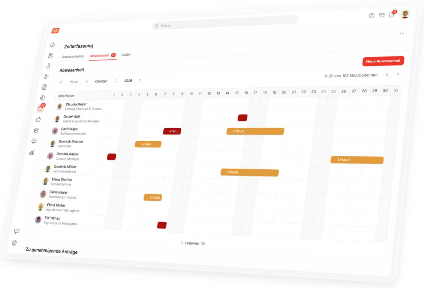 Abwesenheitsverwaltung in HR Puls: Teamkalender mit Urlaub, Krankheit und Schulungen aller Mitarbeitenden