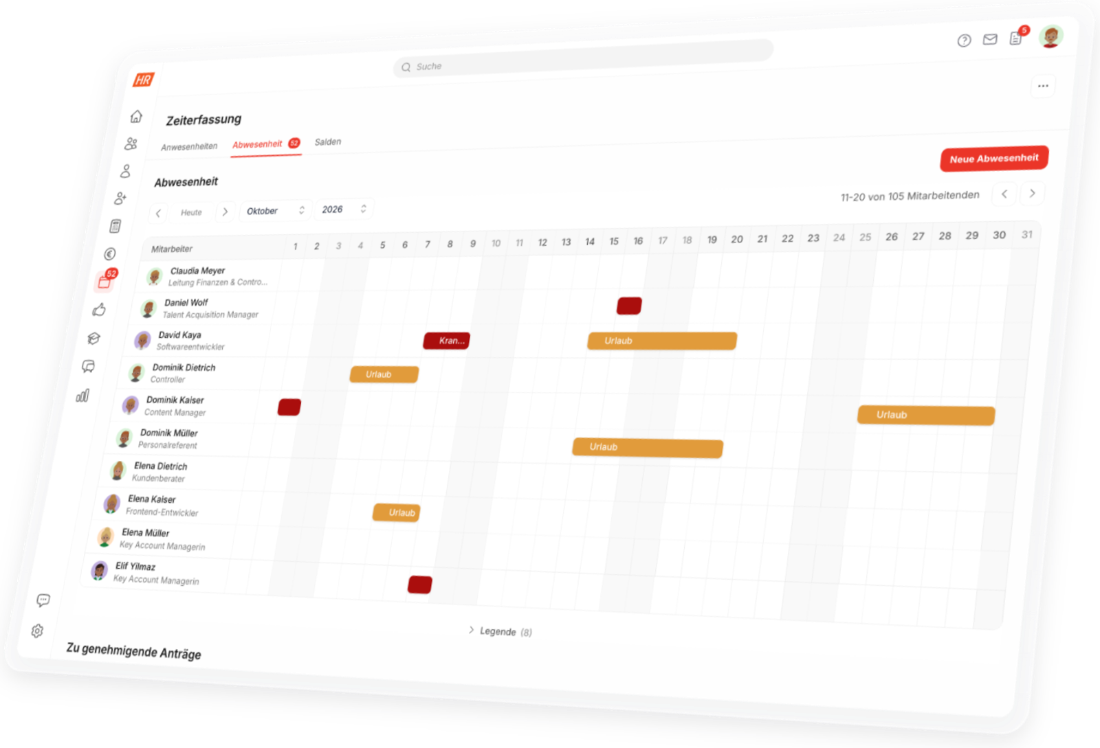 Abwesenheitsverwaltung in HR Puls: Teamkalender mit Urlaub, Krankheit und Schulungen aller Mitarbeitenden