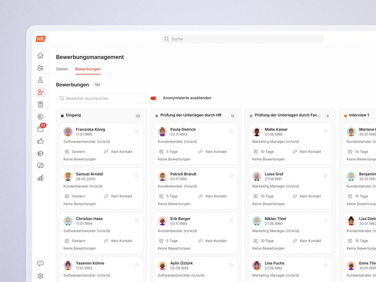 Bewerbermanagement in HR Puls: alle Bewerbungen im Kanban nach Phasen von Eingang bis Interview
