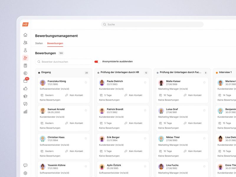 Bewerbermanagement in HR Puls: alle Bewerbungen im Kanban nach Phasen von Eingang bis Interview