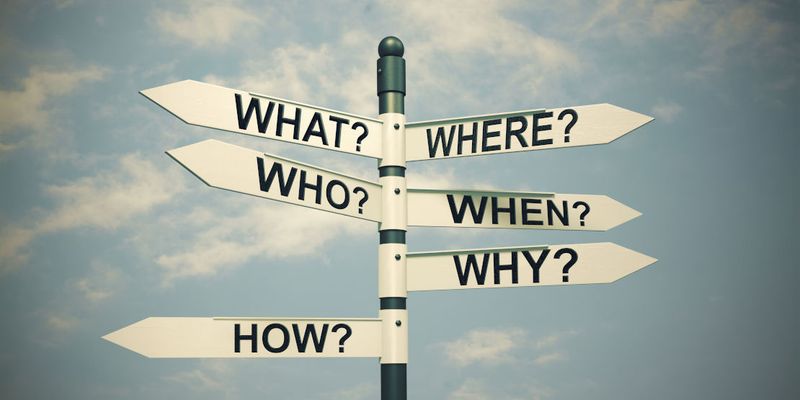 Wegweiser mit den Fragen What, Where, Who, When, Why und How