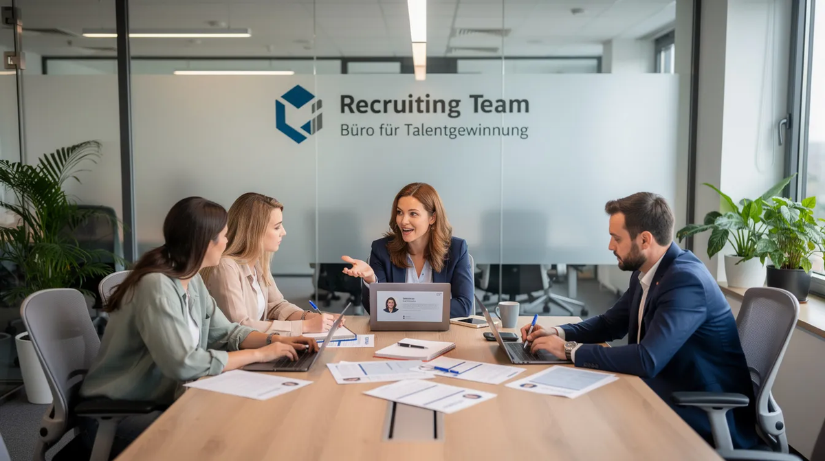 Das Bild zeigt ein Recruiting-Team in einem modernen Büro, das an einem Tisch sitzt und über den Recruiting-Prozess diskutiert. Auf dem Tisch liegen Notizen und ein Laptop, während die Teammitglieder Strategien zur Verbesserung der Kandidatenerfahrung und den Einsatz von Recruiting-Software besprechen.