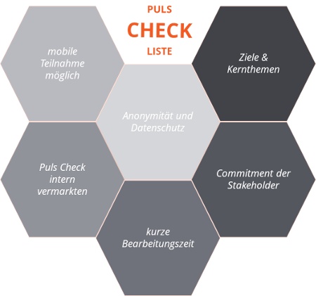 Checkliste für den Puls Check: Ziele, Commitment, kurze Bearbeitungszeit, interne Vermarktung, mobile Teilnahme, Anonymität
