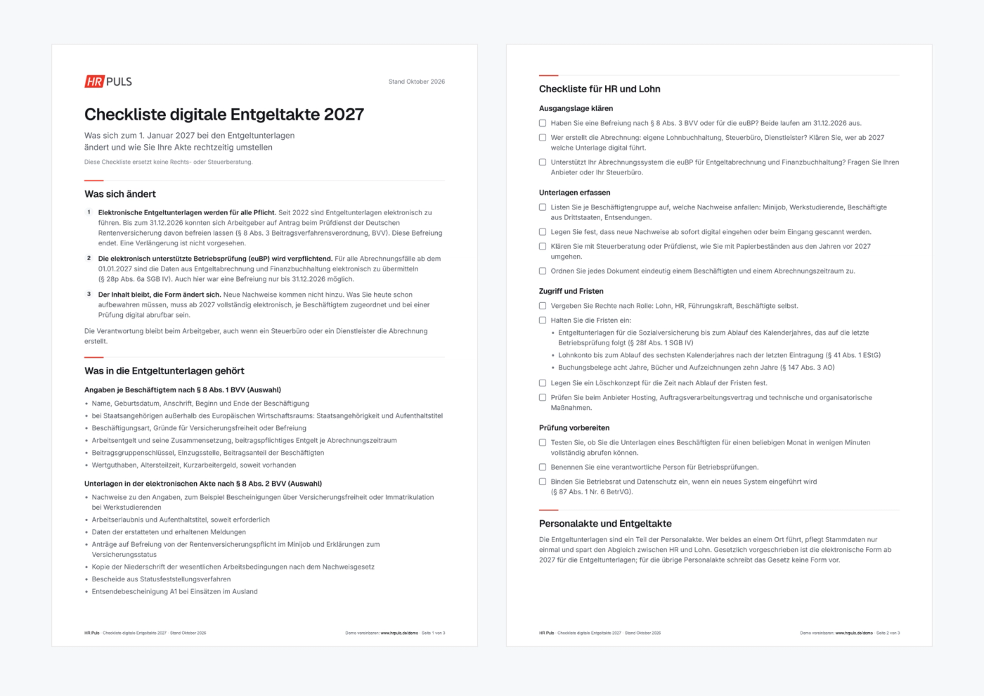 Vorschau der Checkliste digitale Entgeltakte 2027 mit Unterlagen nach § 8 BVV und Checkliste für HR und Lohn
