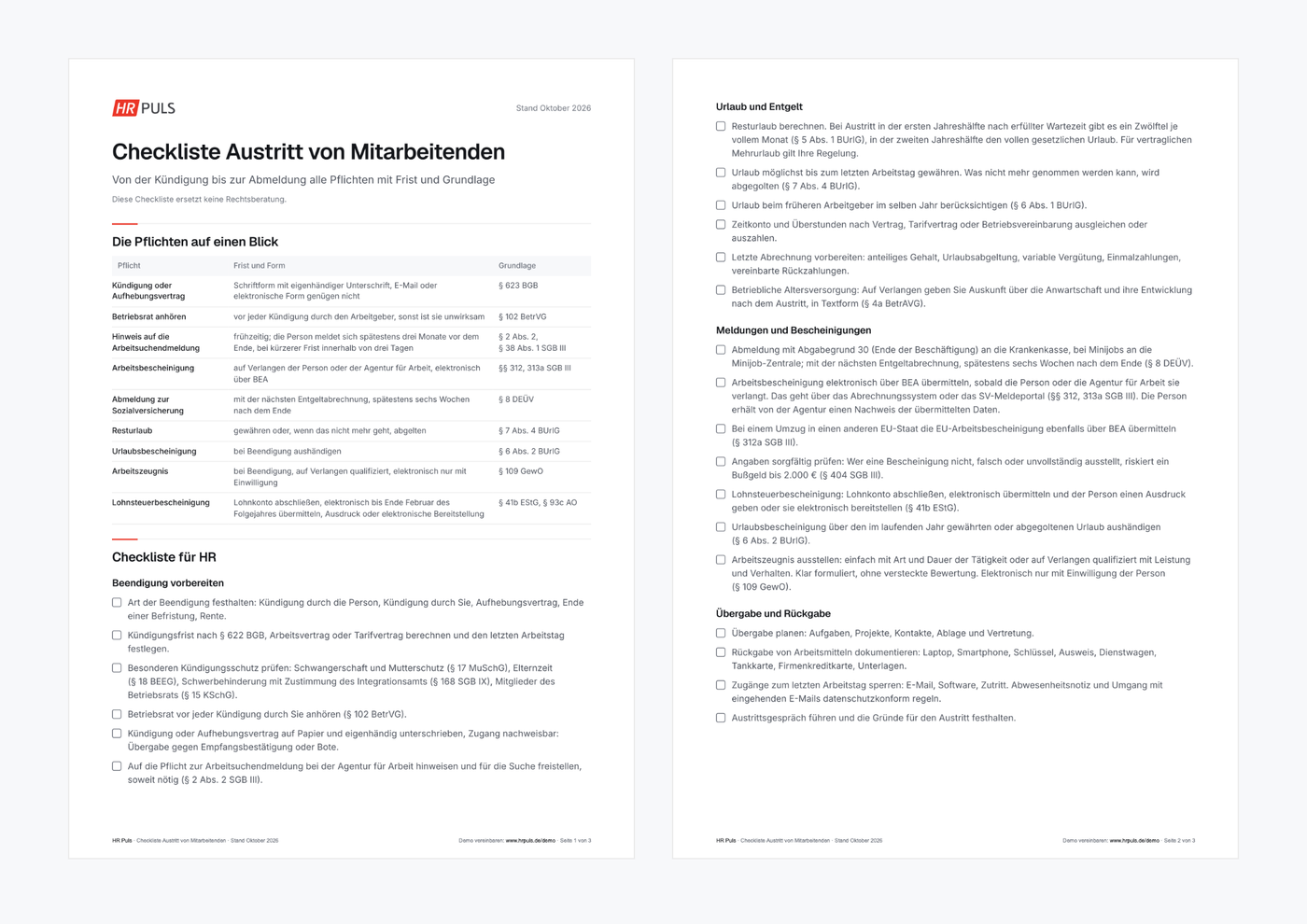 Vorschau der Checkliste Austritt von Mitarbeitenden mit Pflichtentabelle und Meldungen