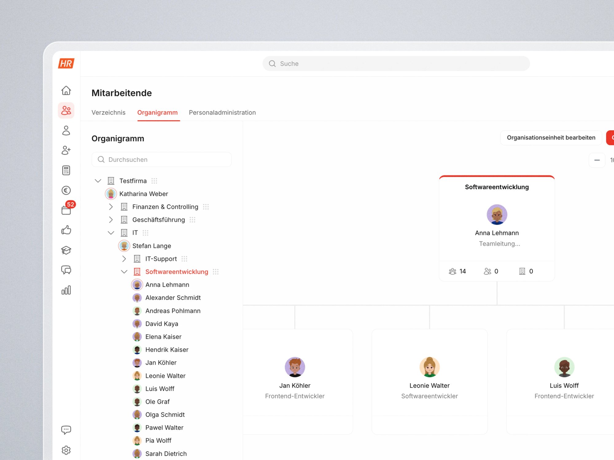 Digitales Organigramm in HR Puls mit Abteilungen, Teamleitung und den Mitarbeitenden je Organisationseinheit