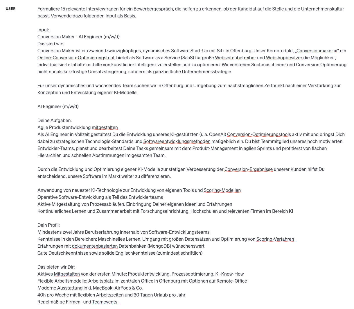 Prompt an ChatGPT: 15 Interviewfragen zu Stelle und Unternehmenskultur auf Basis der Stellenbeschreibung