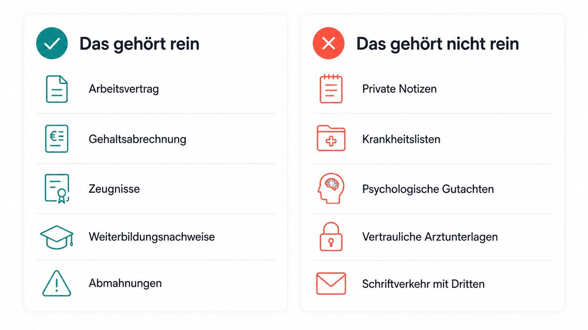 Checkliste: Was gehört in eine digitale Personalakte Software – und was nicht" Bildunterschrift: "Diese Dokumente gehören in eine digitale Personalakte – und diese bewusst nicht.