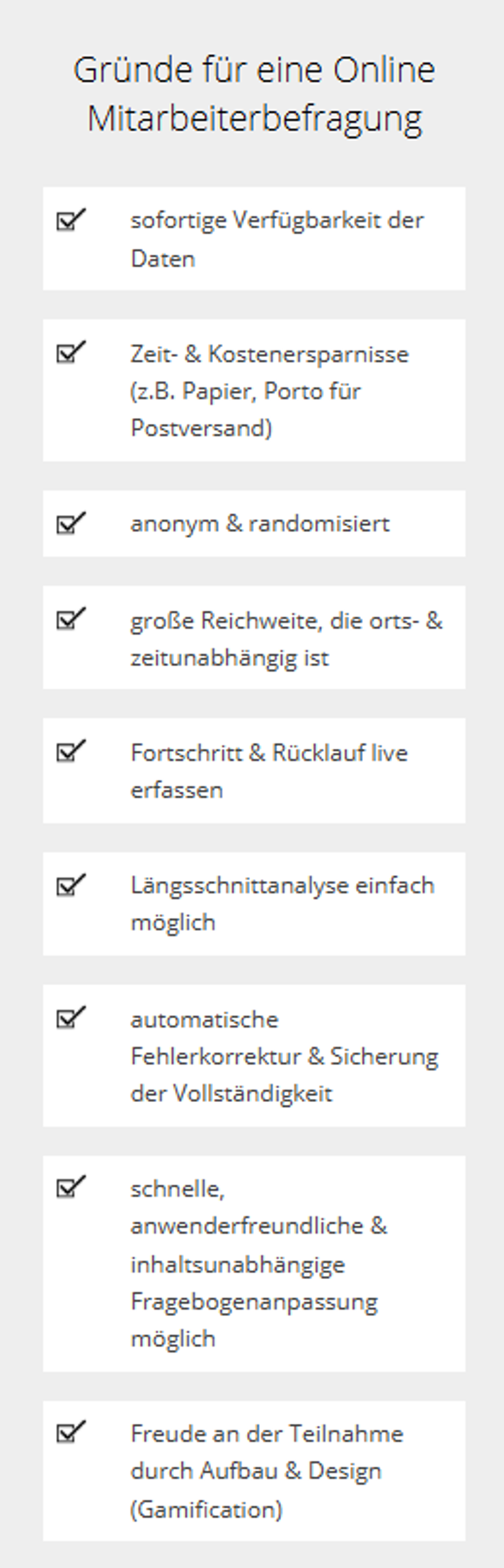Infografik: Gründe für eine Online-Mitarbeiterbefragung, etwa sofortige Datenverfügbarkeit, Anonymität und Kostenersparnis