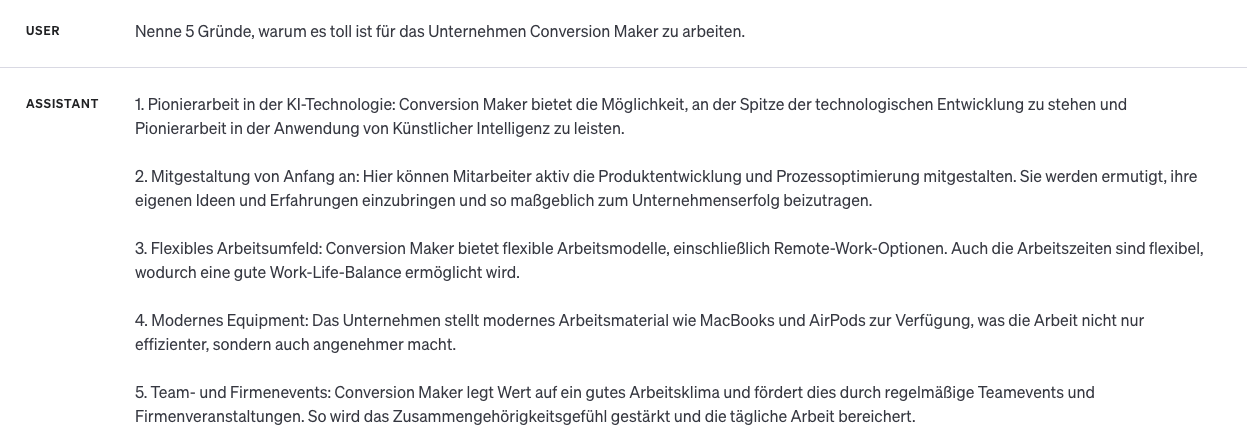ChatGPT nennt fünf Gründe, warum es sich lohnt, bei einem Beispielunternehmen zu arbeiten