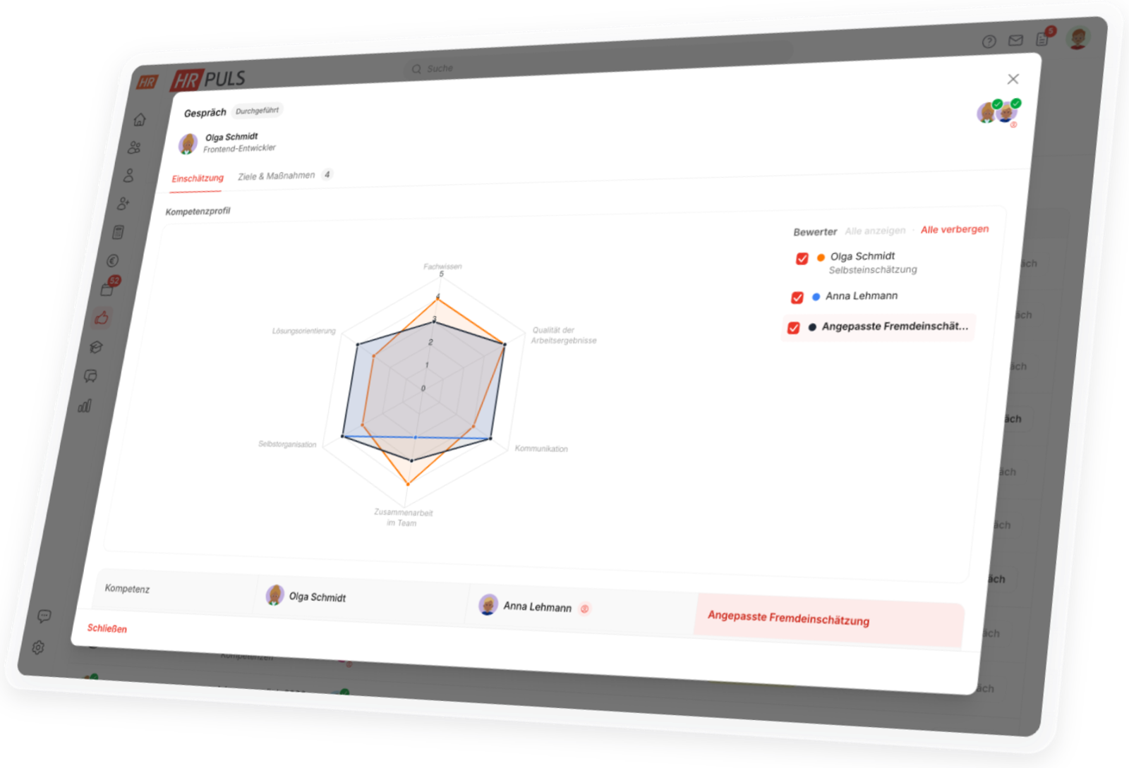 360 Grad Feedback Software HR Puls: Kompetenzen im Netzdiagramm mit Selbsteinschätzung und Einschätzung der Führungskraft