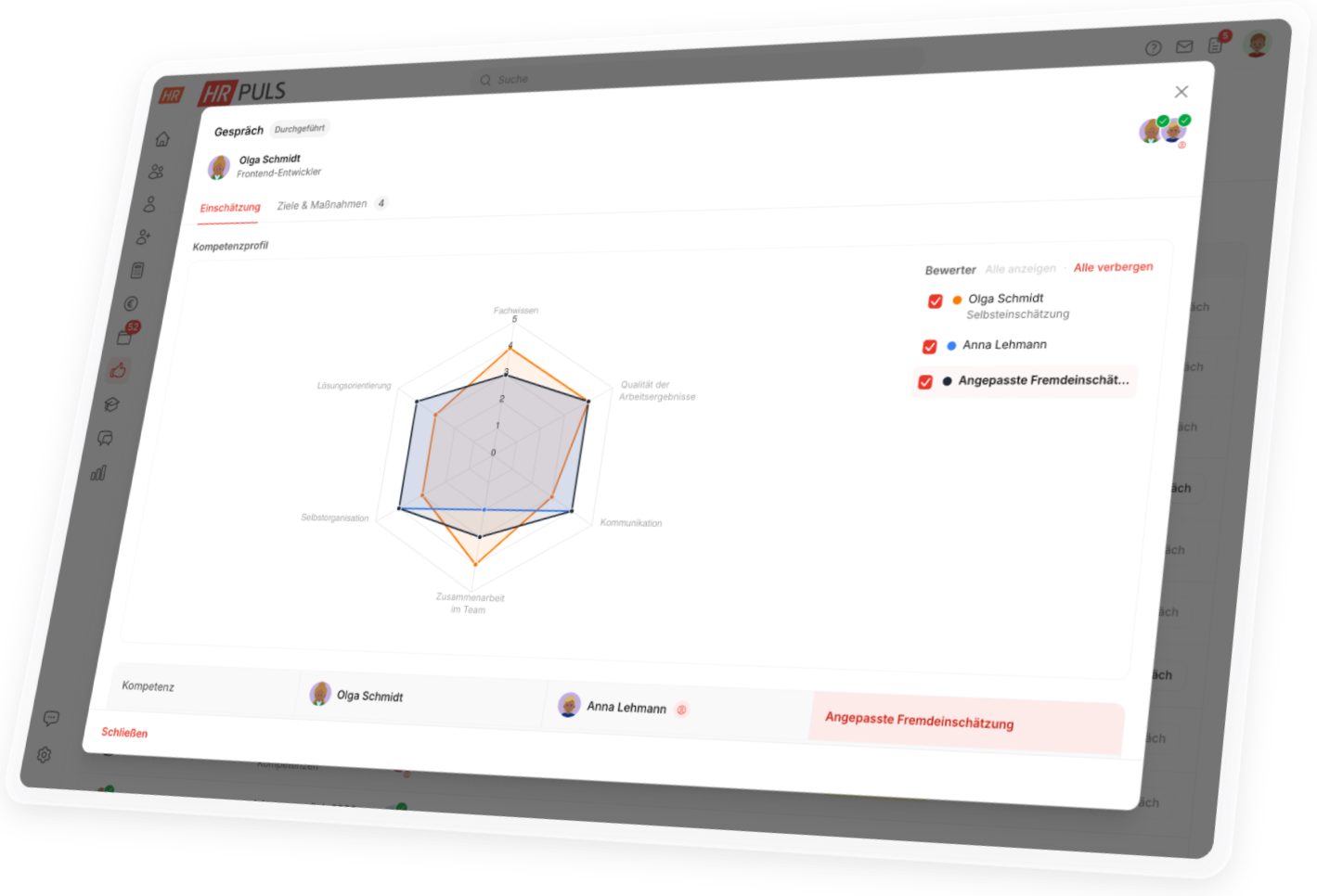 360 Grad Feedback Software HR Puls: Kompetenzen im Netzdiagramm mit Selbsteinschätzung und Einschätzung der Führungskraft