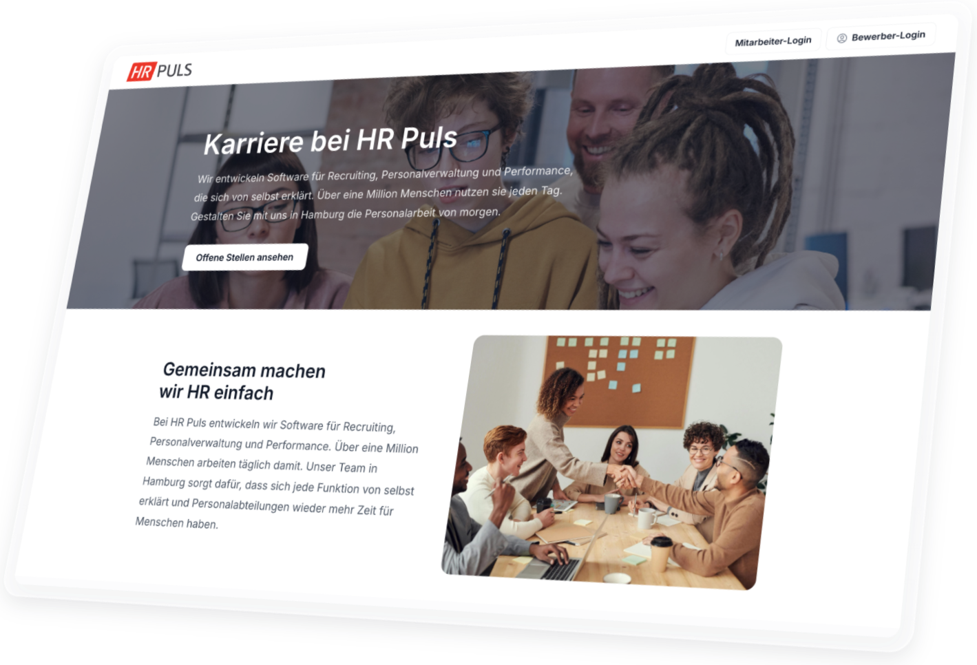 Karriereseite Software HR Puls: eigene Karriereseite mit Logo, Teamfoto und Einladung zu den offenen Stellen