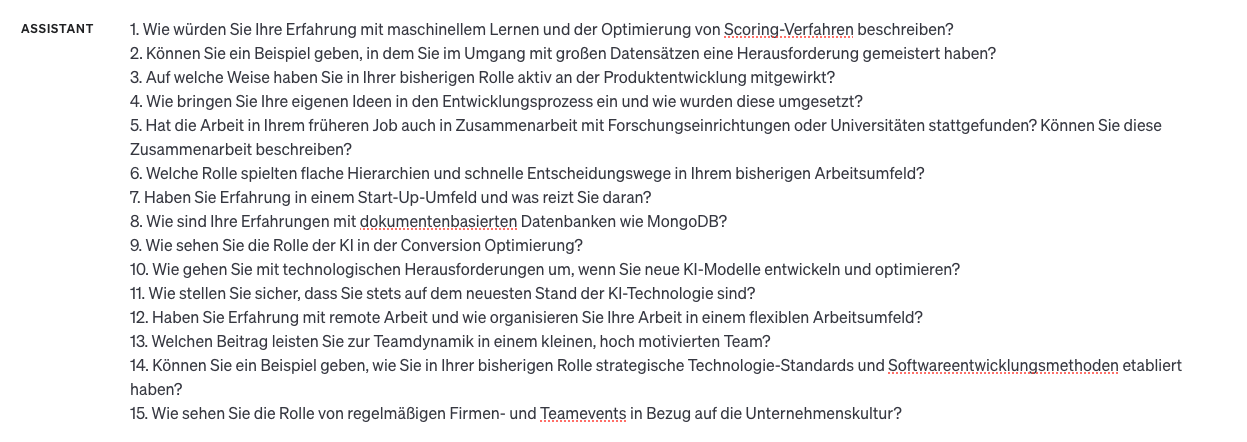ChatGPT liefert 15 Interviewfragen für ein Bewerbungsgespräch mit einem AI Engineer
