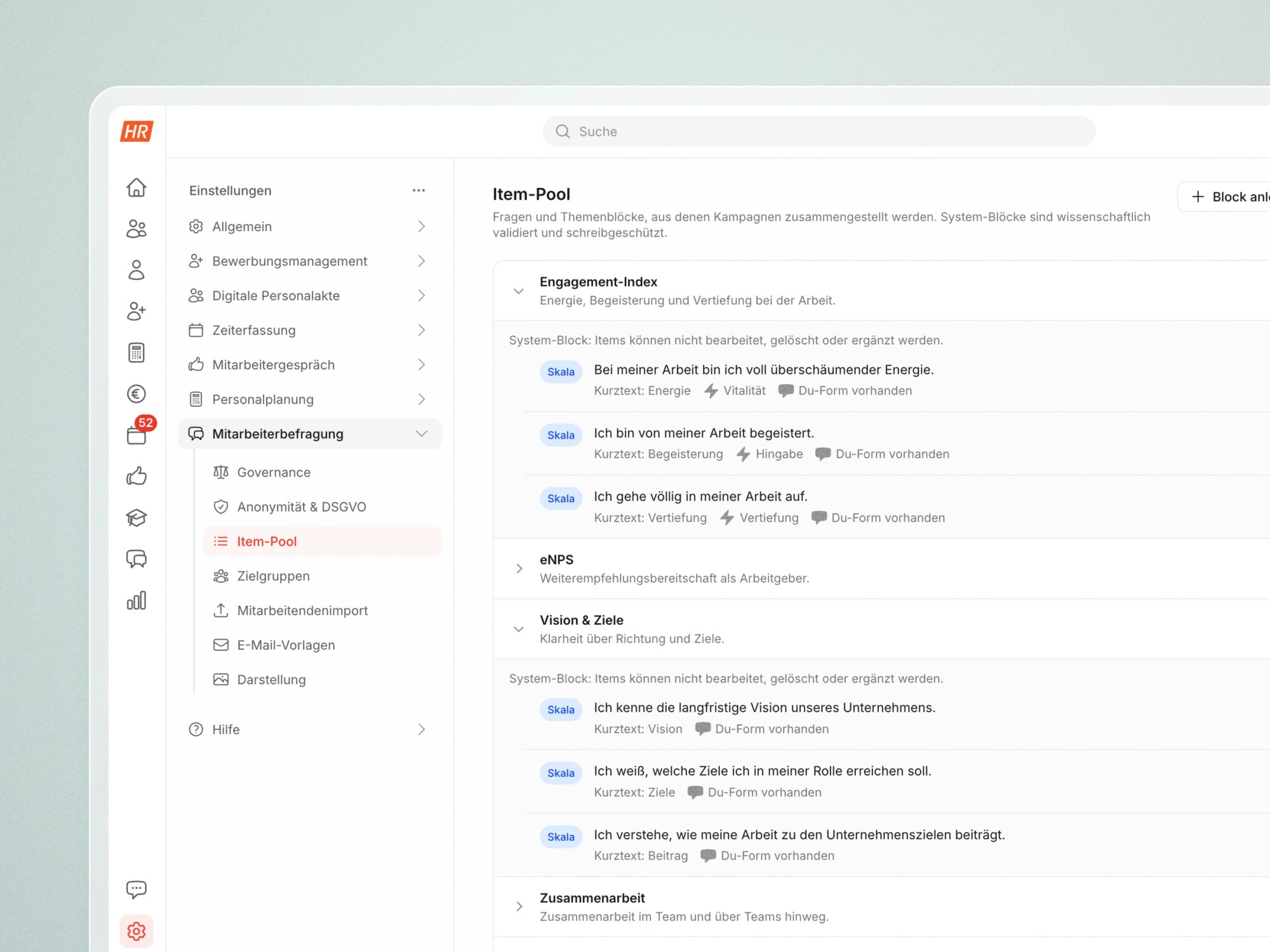 Mitarbeiterbefragung mit geprüftem Item Pool in HR Puls: Fragen zu Engagement sowie Vision und Zielen