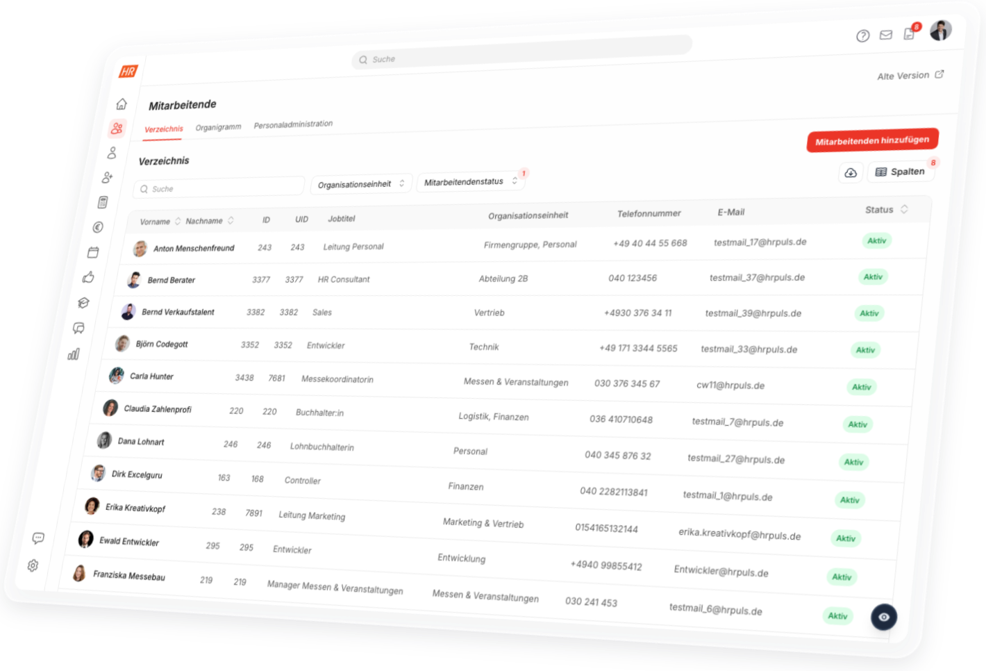 HR Software HR Puls: Mitarbeiterverzeichnis mit Jobtitel, Organisationseinheit, Telefonnummer und Status aller Mitarbeitenden