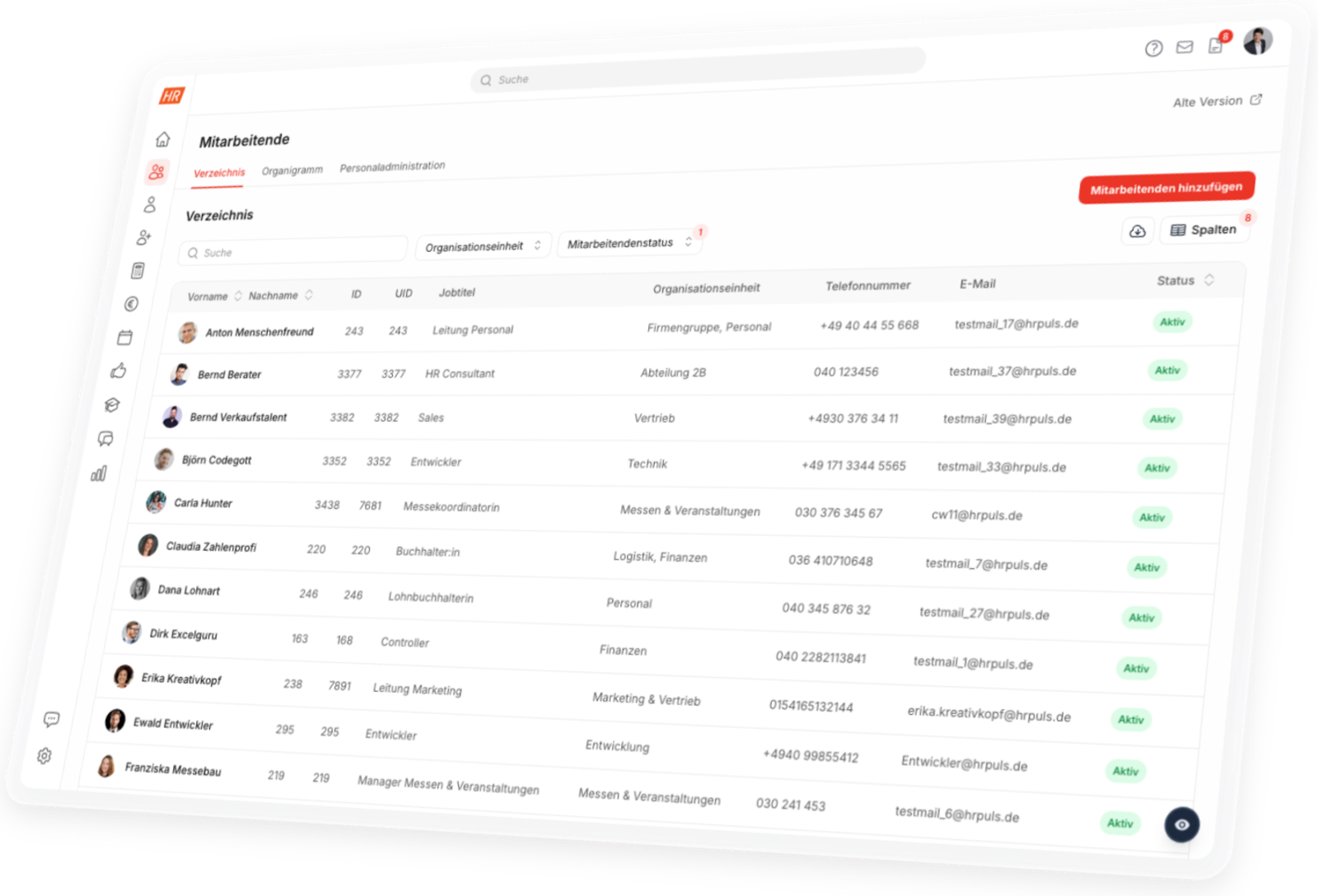 HR Software HR Puls: Mitarbeiterverzeichnis mit Jobtitel, Organisationseinheit, Telefonnummer und Status aller Mitarbeitenden
