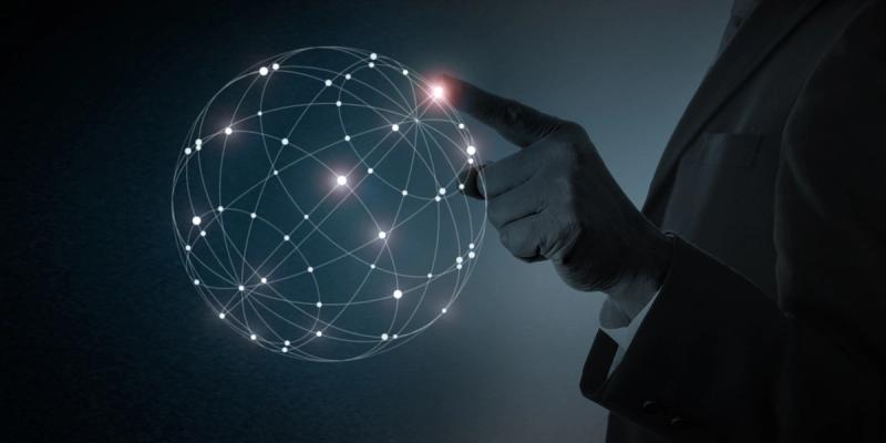 Hand berührt ein leuchtendes digitales Netzwerk in Kugelform