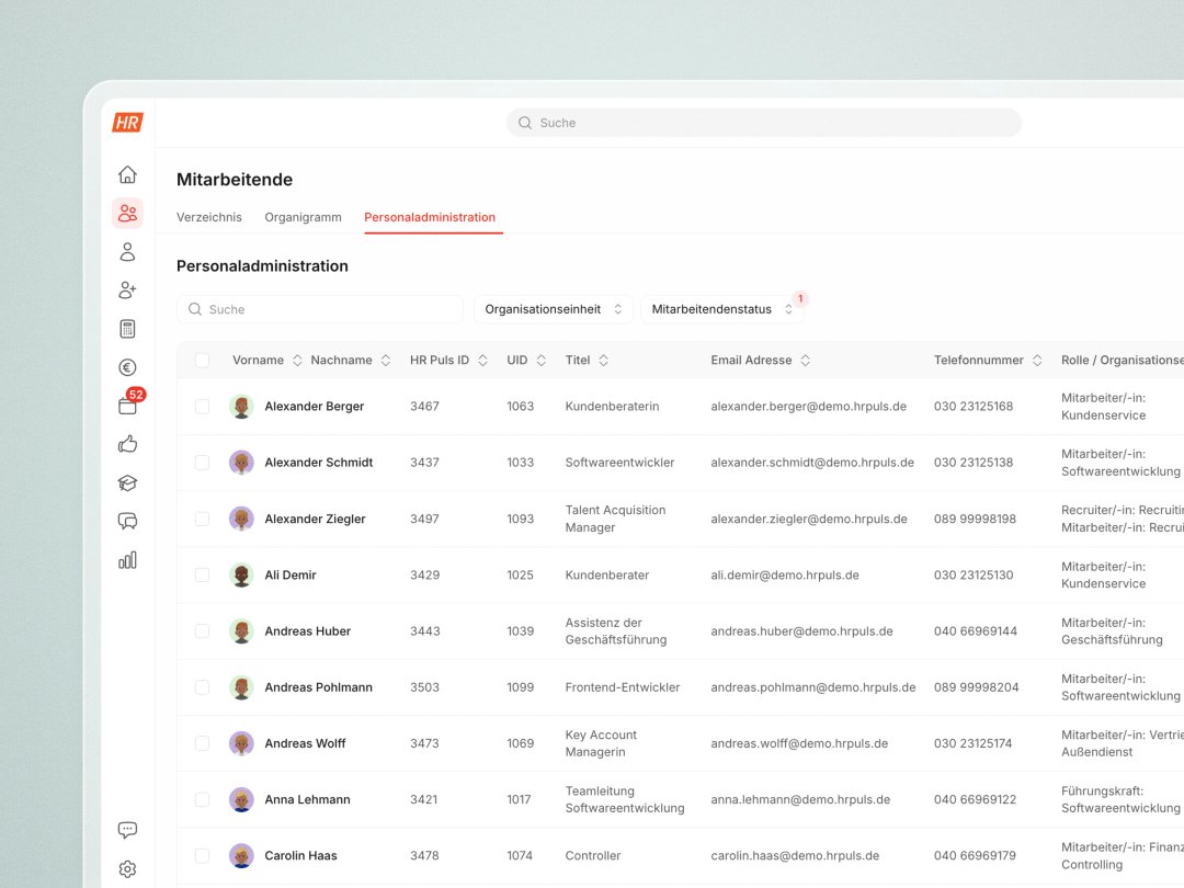 Digitale Personalakte Software HR Puls: alle Mitarbeiterdaten in der Personaladministration auf einen Blick