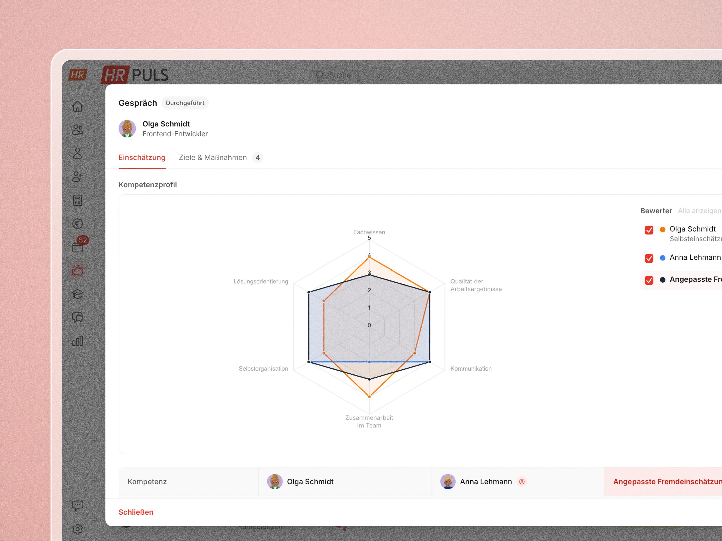 360 Grad Feedback in HR Puls: Kompetenzen mit Selbsteinschätzung und Einschätzung der Führungskraft im Netzdiagramm