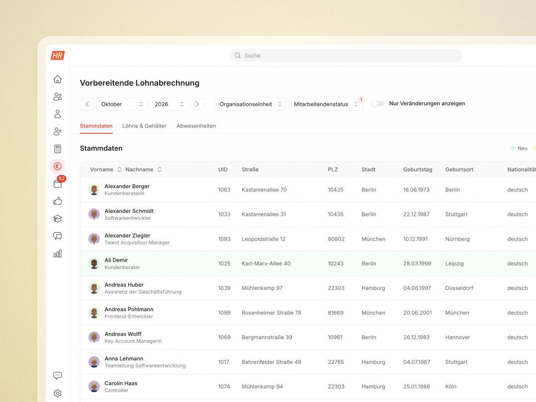 Personalstammdaten für die Lohnabrechnung in HR Puls mit Anschrift und Geburtsdaten je Mitarbeitenden