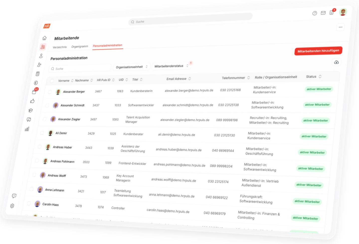 HR Software HR Puls: Personaladministration mit allen Mitarbeitenden, Jobtiteln, Abteilungen und Kontaktdaten in einer Liste