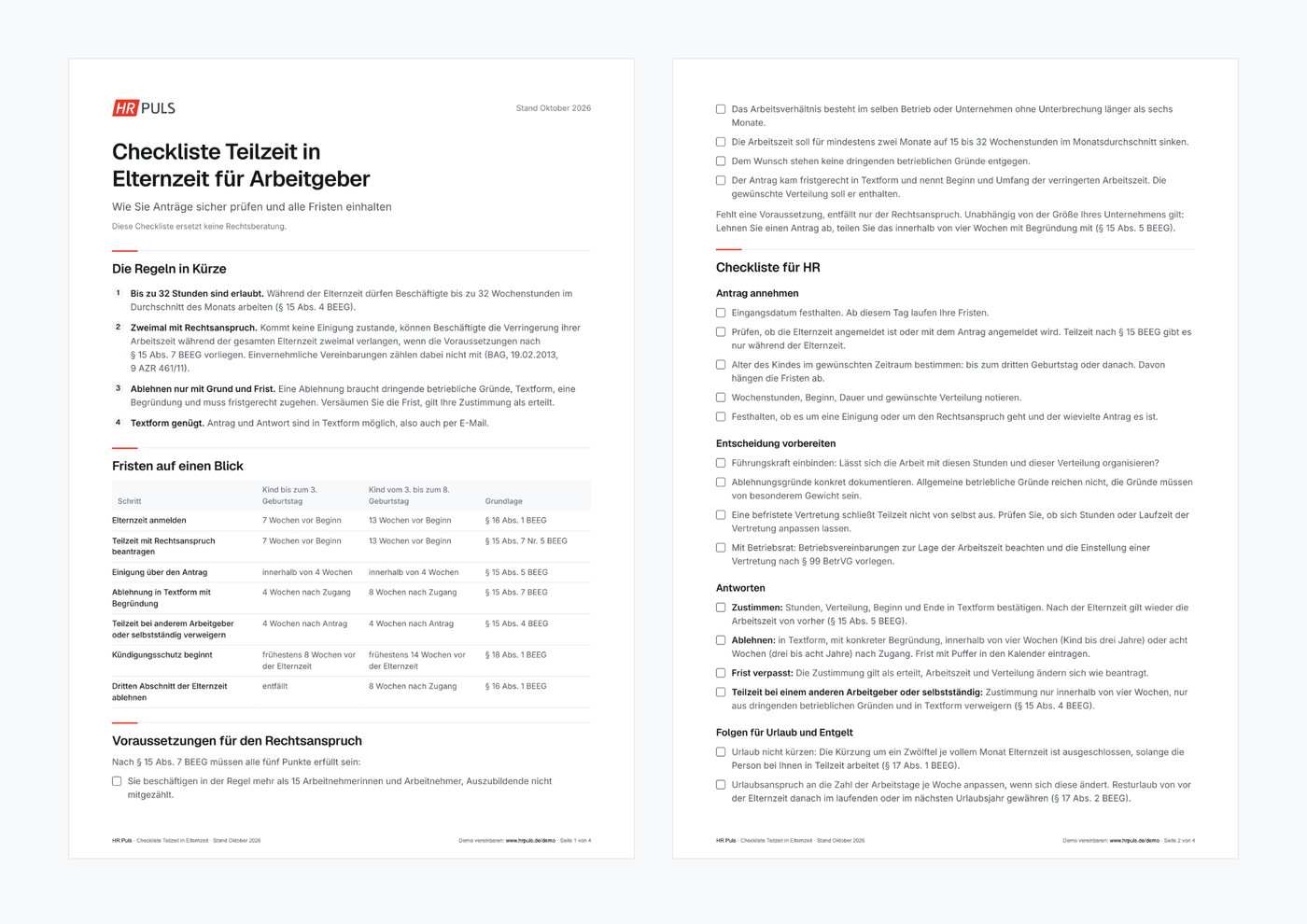 Vorschau der Checkliste Teilzeit in Elternzeit für Arbeitgeber mit Fristen und Checkliste für HR