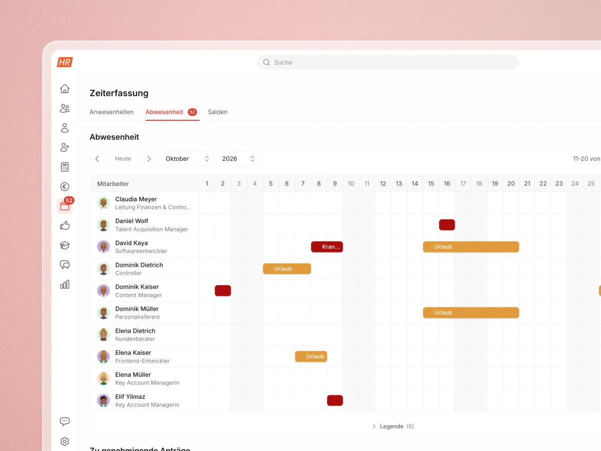 Abwesenheitsverwaltung in HR Puls: Teamkalender mit Urlaub, Krankheit und Schulungen