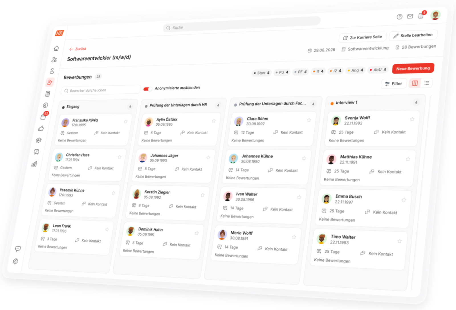 Bewerbermanagement Software HR Puls: Bewerbungen für eine Stelle im Kanban mit Phasen von Eingang bis Interview