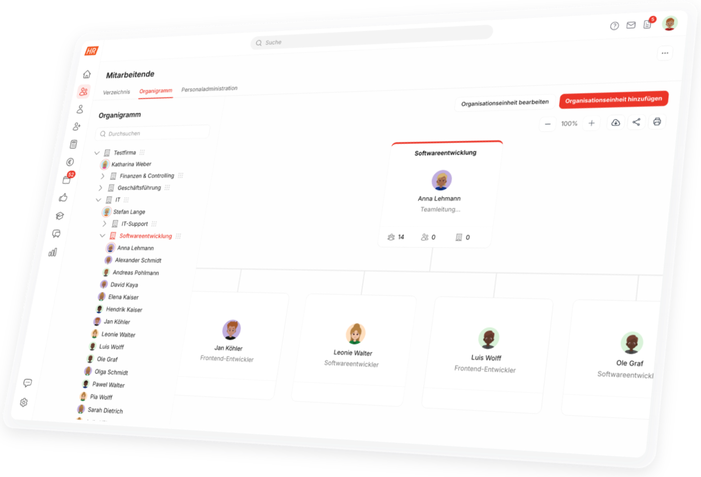 Digitale Personalakte in HR Puls mit Organigramm und Mitarbeiterverzeichnis der Abteilung Softwareentwicklung