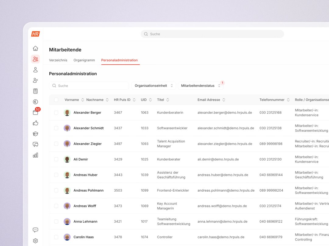 Digitale Personalakte in HR Puls: Personaladministration mit allen Mitarbeiterdaten auf einen Blick