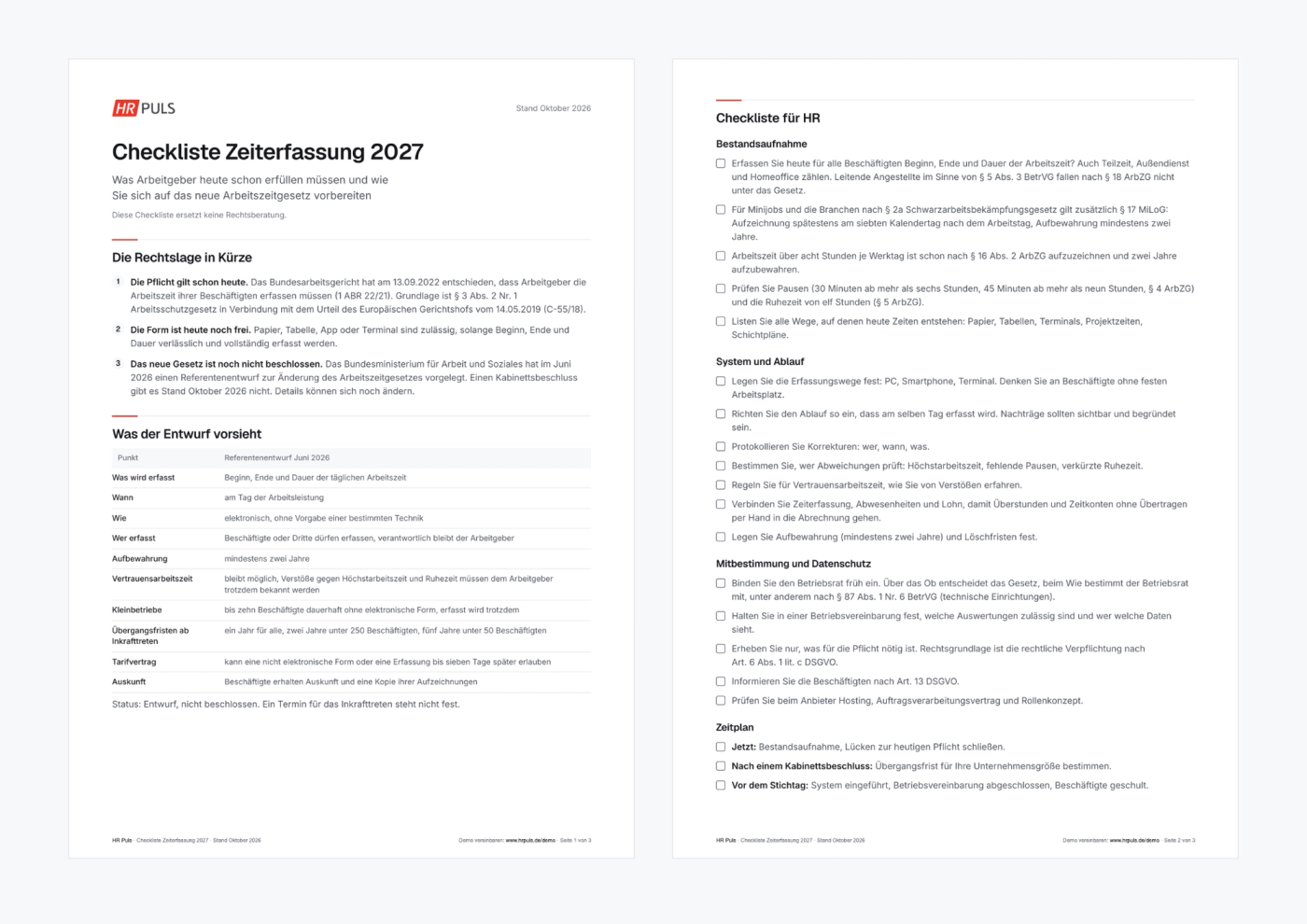 Vorschau der Checkliste Zeiterfassung 2027 mit Tabelle zum Referentenentwurf und Checkliste für HR
