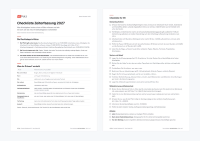 Vorschau der Checkliste Zeiterfassung 2027 mit Tabelle zum Referentenentwurf und Checkliste für HR