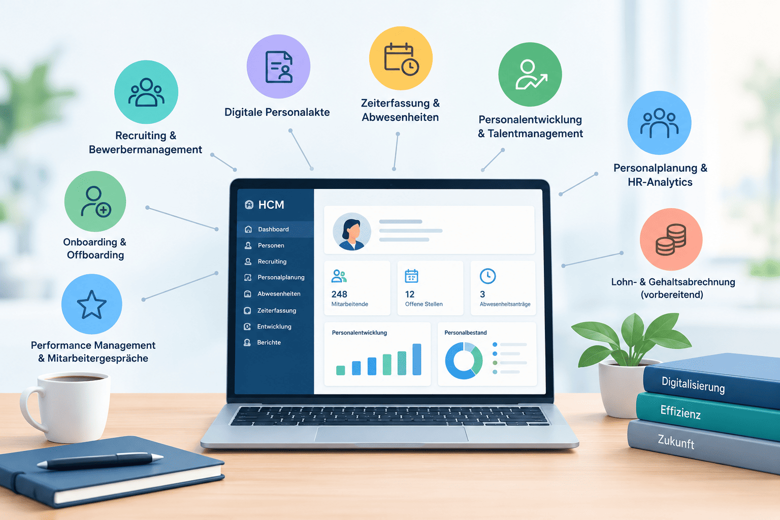 HCM Dashboard auf einem Laptopscreen mit Funktionen