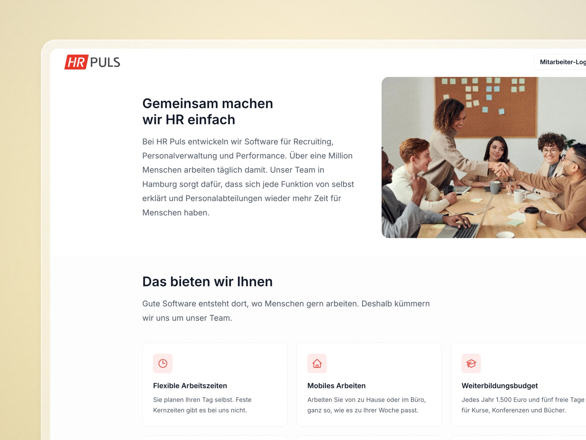 Karriereseite im eigenen Design mit HR Puls: Texte über das Team, Fotos und Benefits für Bewerbende