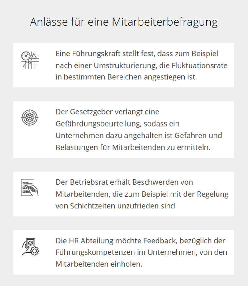 Infografik: Vier Anlässe für eine Mitarbeiterbefragung, etwa Fluktuation, Gefährdungsbeurteilung und Führungsfeedback