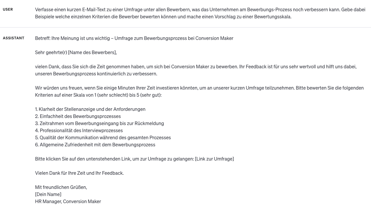 ChatGPT schreibt eine E-Mail mit Umfrage zur Zufriedenheit der Bewerbenden mit dem Bewerbungsprozess