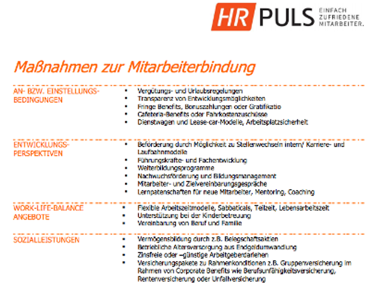 A list of employee engagement measures, including hiring conditions, development perspectives, work-life balance offers, and social benefits.