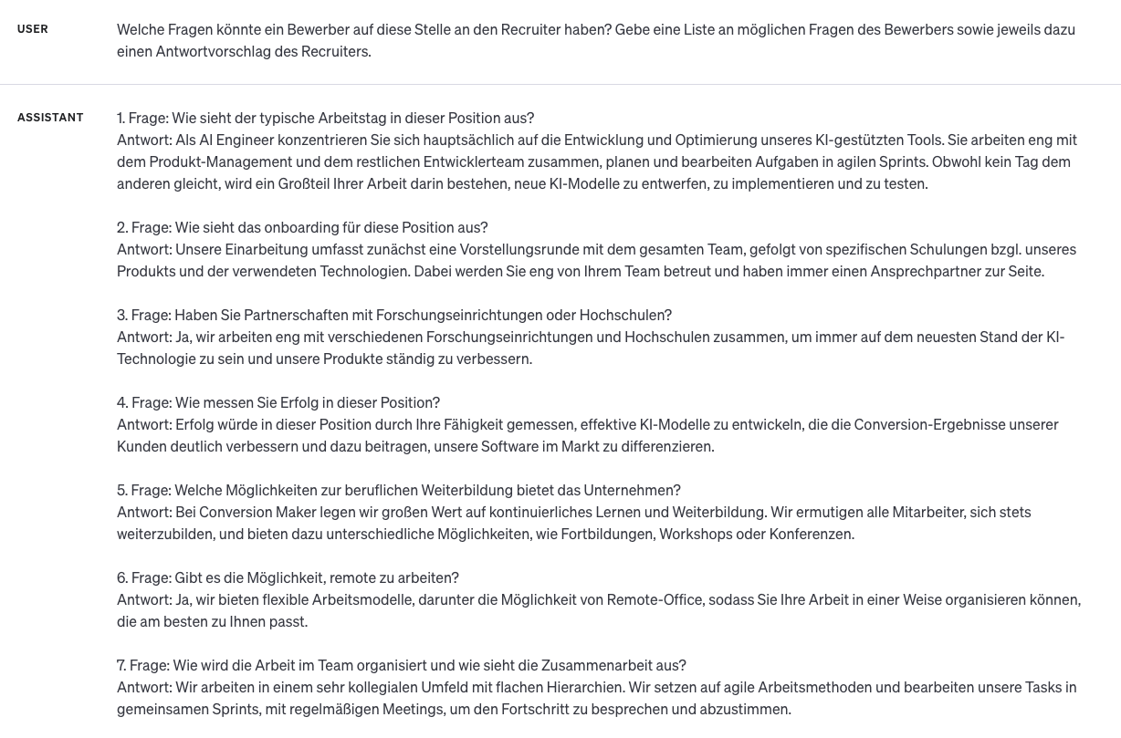 ChatGPT sammelt mögliche Fragen von Bewerbenden an den Recruiter samt Antwortvorschlägen