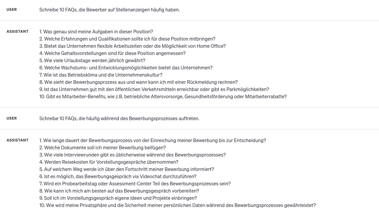 ChatGPT schreibt je zehn FAQs zu Stellenanzeigen und zum Bewerbungsprozess