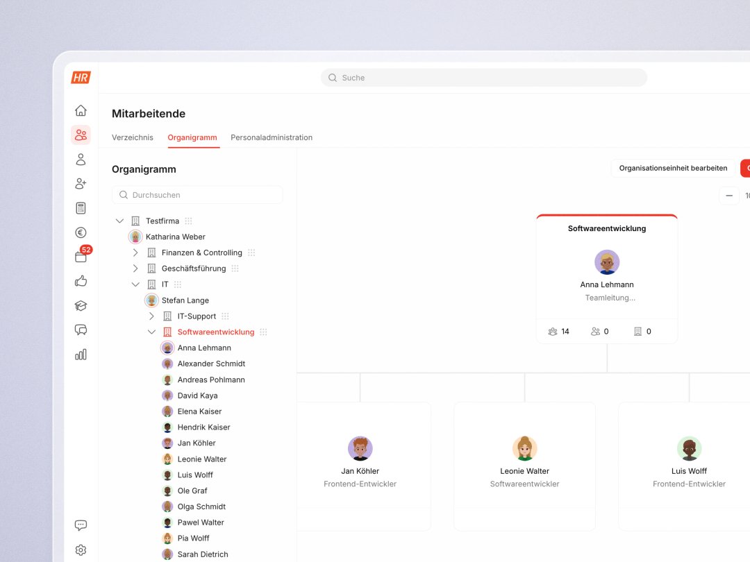 Organigramm und Mitarbeiterverzeichnis direkt in der HR Software HR Puls mit Teams und Ansprechpersonen