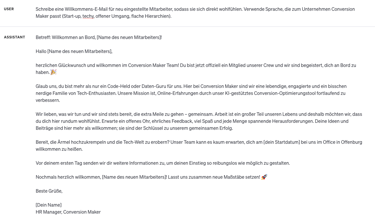ChatGPT schreibt eine lockere Willkommensmail für neue Mitarbeitende eines Startups