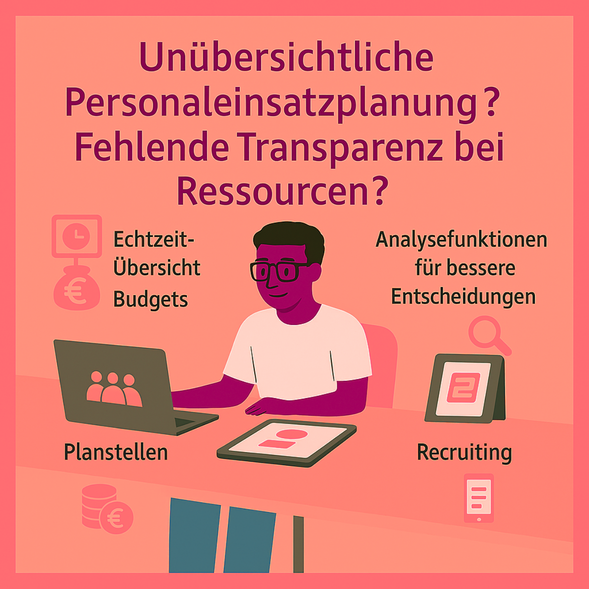 Die Infografik mit dem Titel „Unübersichtliche Personaleinsatzplanung? Fehlende Transparenz bei Ressourcen?“ stellt zentrale Herausforderungen und digitale Lösungsansätze für die Personalplanung in Unternehmen dar. Im Mittelpunkt steht die Frage, wie Unternehmen mehr Übersicht und Transparenz bei der Ressourcennutzung erreichen können. Die Grafik hebt vier wesentliche Funktionen hervor: Erstens ermöglicht eine Echtzeit-Übersicht über Budgets eine sofortige Kontrolle der verfügbaren finanziellen Mittel. Zweitens sorgen Analysefunktionen für bessere Entscheidungen, indem sie datenbasierte Auswertungen bereitstellen. Drittens werden Planstellen digital verwaltet, was die Übersicht über offene und besetzte Positionen erleichtert. Viertens unterstützt ein integriertes Recruiting-Modul die effiziente Besetzung von Stellen. Die Gestaltung ist modern und klar strukturiert, mit passenden Symbolen für jede Funktion, sodass die Vorteile digitaler Personalplanung schnell erkennbar sind.