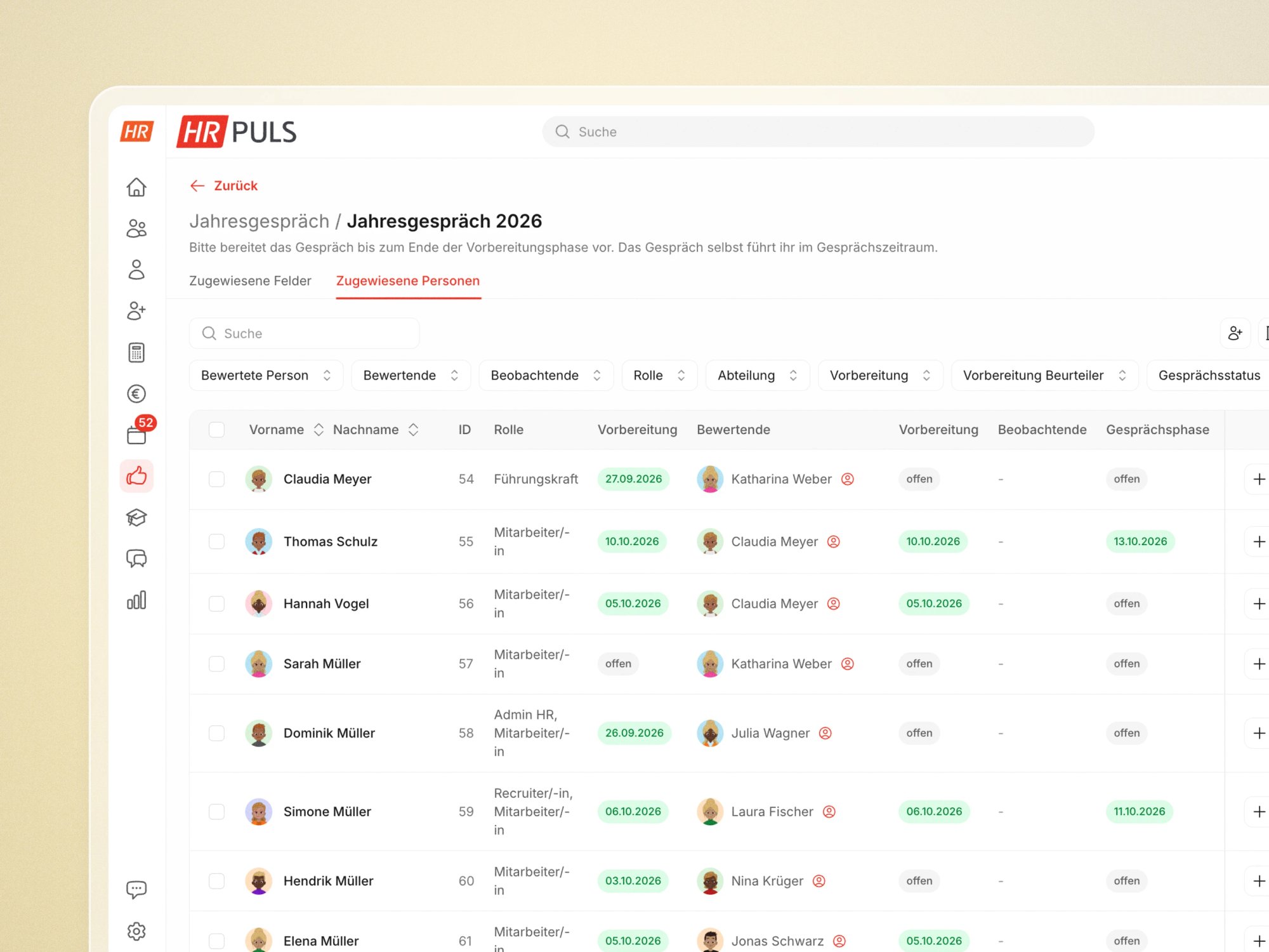 Feedbackkultur mit HR Puls: Übersicht der bewerteten Personen mit Bewertenden, Vorbereitung und Gesprächsphase