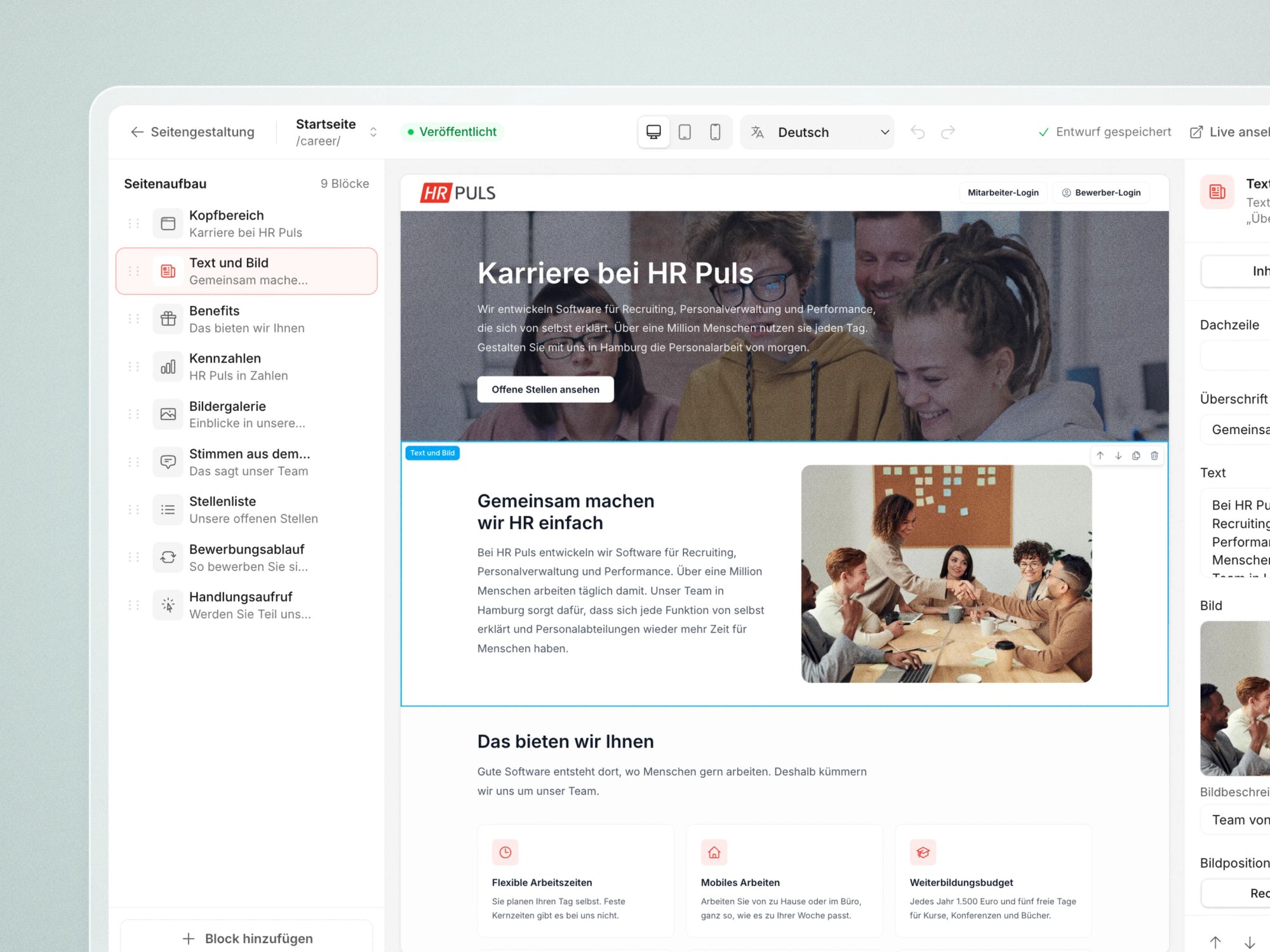 Page Builder für die Karriereseite in HR Puls: Blöcke für Texte, Bilder und Benefits selbst bearbeiten