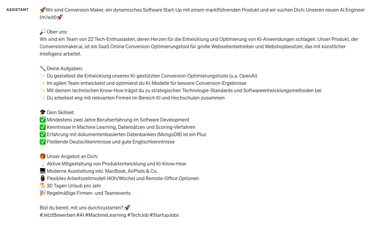 ChatGPT schreibt die Stellenanzeige für einen AI Engineer locker und mit Emojis für eine technikaffine Zielgruppe