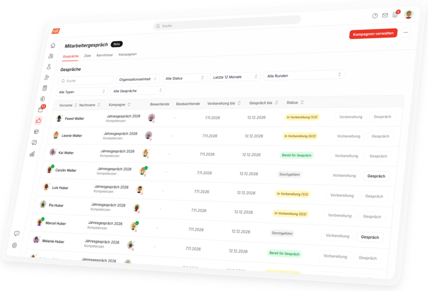 Mitarbeitergespräch Software HR Puls: Übersicht der Jahresgespräche mit Status, Führungskraft und Termin
