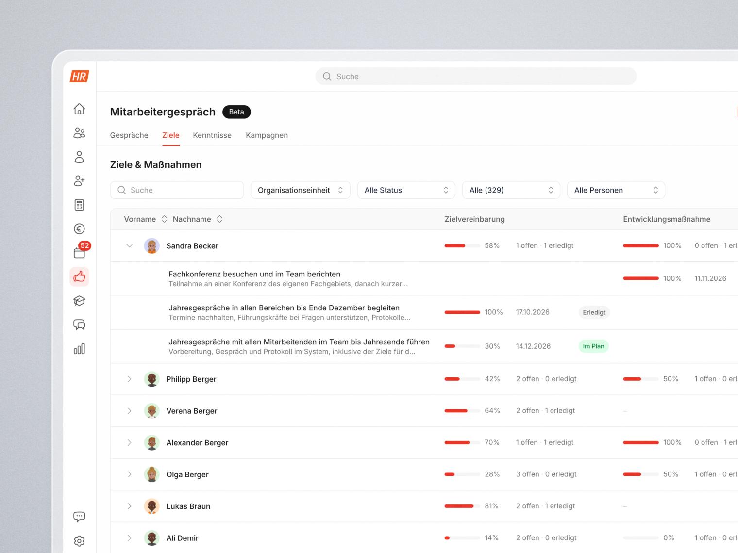 HR Performance Software HR Puls: Ziele und OKRs im Mitarbeitergespräch mit Fortschritt je Mitarbeitenden