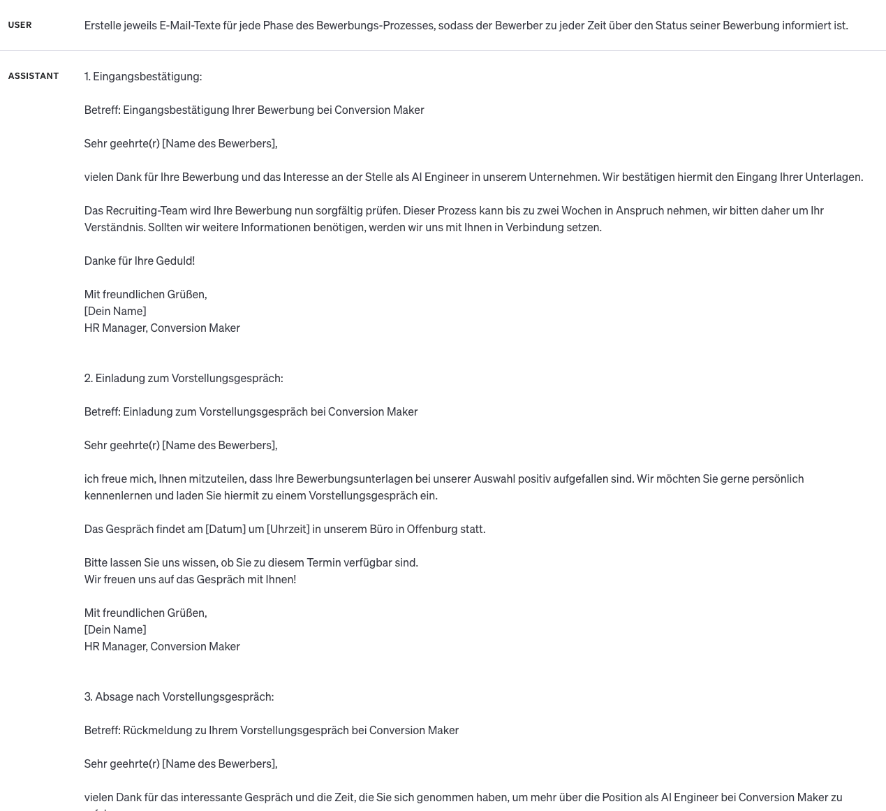 ChatGPT schreibt E-Mail-Vorlagen für jede Phase des Bewerbungsprozesses, von der Eingangsbestätigung bis zur Absage