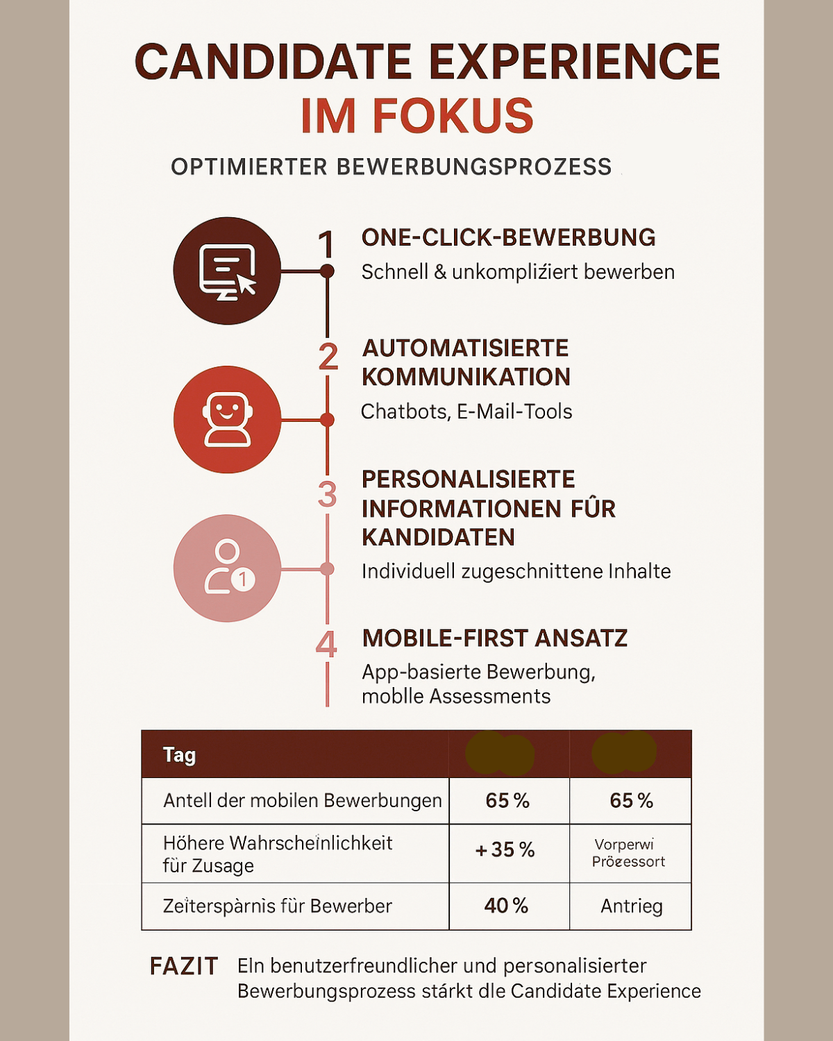 Die Infografik mit dem Titel „Candidate Experience im Fokus“ zeigt, wie ein optimierter Bewerbungsprozess die Erfahrung von Bewerbenden deutlich verbessert. Im Mittelpunkt stehen vier zentrale Maßnahmen: Erstens ermöglicht die One-Click-Bewerbung eine schnelle und unkomplizierte Bewerbung. Zweitens sorgt automatisierte Kommunikation, etwa durch Chatbots und E-Mail-Tools, für einen reibungslosen Austausch. Drittens werden personalisierte Informationen bereitgestellt, sodass Kandidat:innen individuell zugeschnittene Inhalte erhalten. Viertens wird ein Mobile-First-Ansatz verfolgt, bei dem Bewerbungen und Assessments app-basiert und mobil durchgeführt werden können. In einer Übersicht werden zudem wichtige Kennzahlen präsentiert: 65 % der Bewerbungen erfolgen mobil, die Wahrscheinlichkeit für eine Zusage steigt durch optimierte Prozesse um 35 %, und Bewerbende sparen bis zu 40 % Zeit. Die Gestaltung der Grafik ist klar strukturiert, mit passenden Icons und hervorgehobenen Prozentwerten, sodass die Vorteile eines benutzerfreundlichen und personalisierten Bewerbungsprozesses für Unternehmen und Kandidat:innen schnell erfassbar sind. Ähnlich Welche Schlüsselfaktoren für eine positive Candidate Experience zeigt die Grafik auf Wie verdeutlicht die Grafik den Einfluss digitaler Tools auf den Bewerbungsprozess Was sagt die Grafik über den Zusammenhang zwischen Nutzerfreundlichkeit und Bewerberzufriedenheit aus Inwiefern zeigt die Grafik, wie technologische Innovationen das Employer Branding verbessern Welche Trends im digitalen Recruiting lassen sich anhand der dargestellten Daten ableiten.